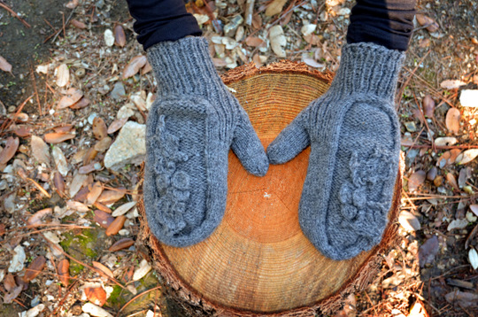 Holly mittens seen from above, resting on a stump